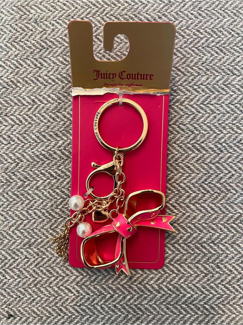 Juicy Couture Hot Pink Enamel Bow Keychain with Pearl Accents
